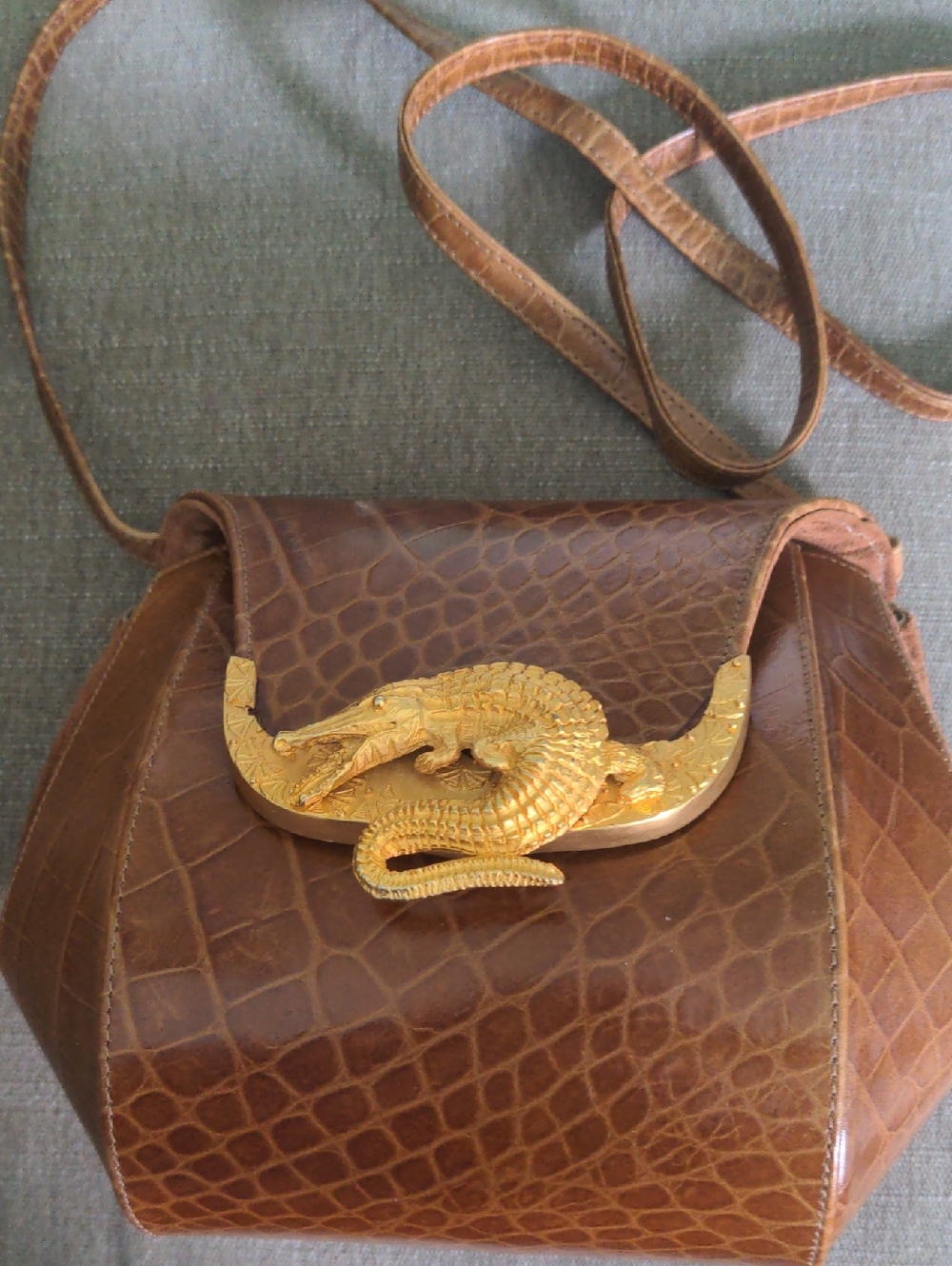 Vintage Faux  Crocodile Crossbody Bag,,  Structured, Heavy Brass Crocodile,